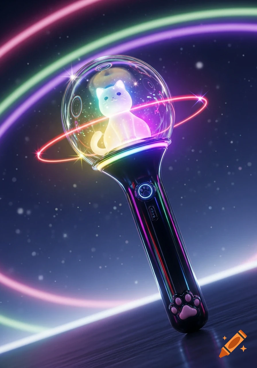 A glowing Kpop lightstick with a translucent globe encasing a luminous white cat, surrounded by colorful neon rings against a starry background.