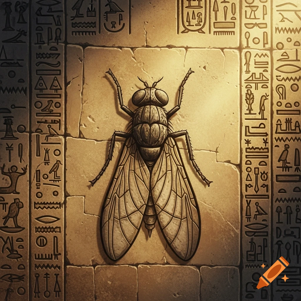 An ancient fly carving on a stone wall covered with Egyptian hieroglyphs, lit by a dramatic spotlight.