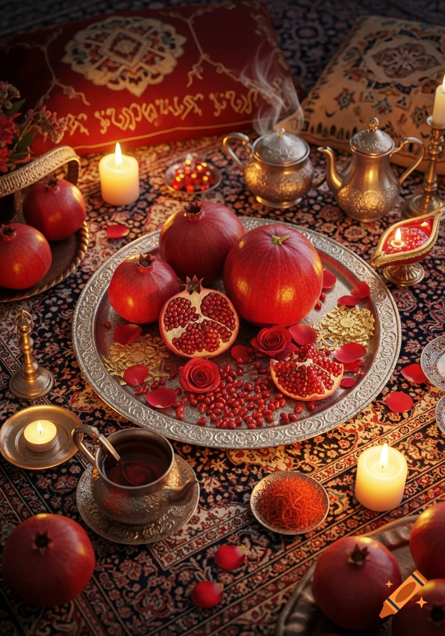 A festive Yalda Night still life features pomegranates, candles, decorative teapots, and rose petals on an ornate rug.