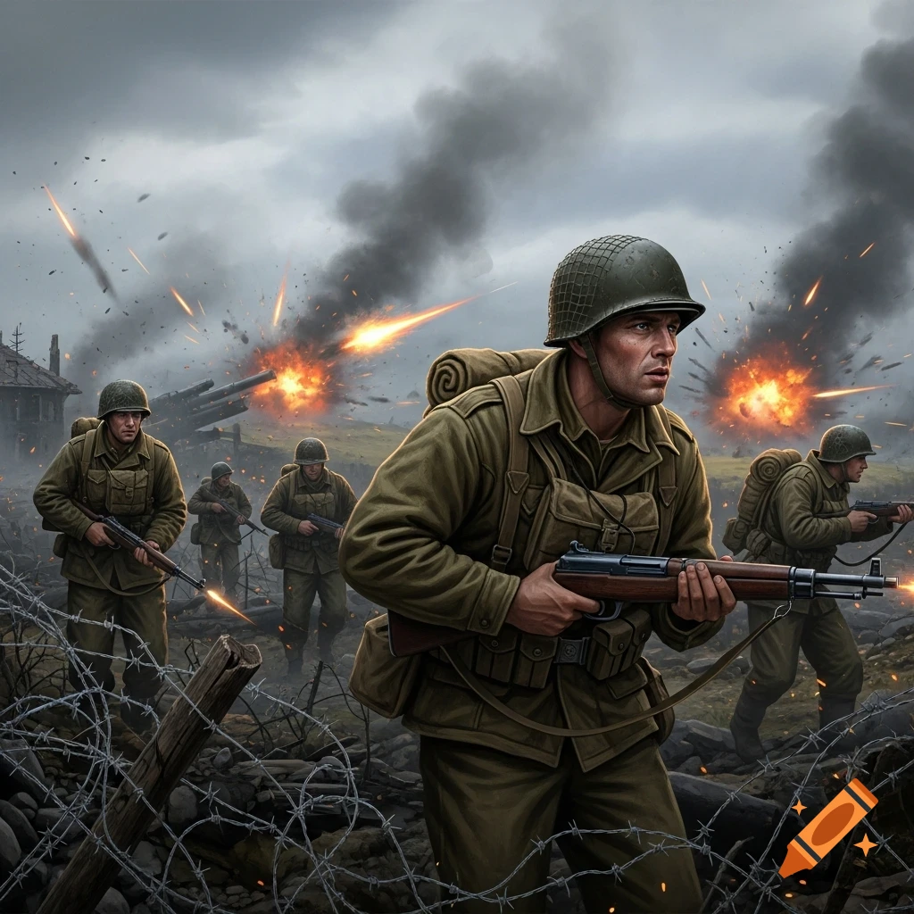 WW2 soldiers advance through a war-torn battlefield with explosions and barbed wire under a cloudy sky.