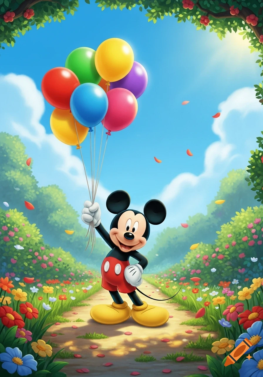 Mickey Mouse smiles, holding colorful balloons on a path surrounded by flowers and trees under a blue sky, cartoon style.