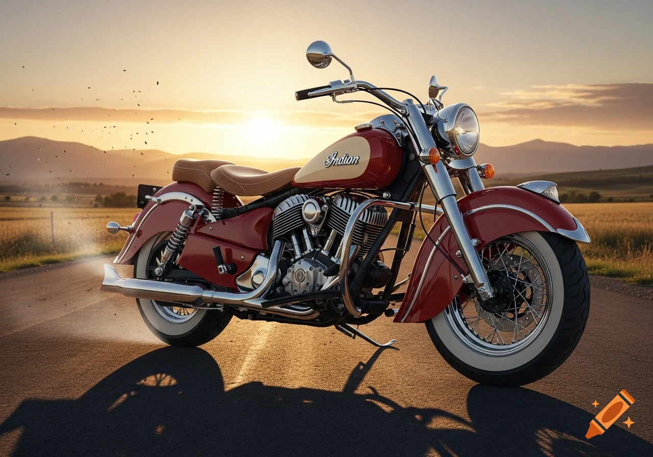 A classic red and cream Indian motorcycle parked on an asphalt road with a sunset over fields and hills.