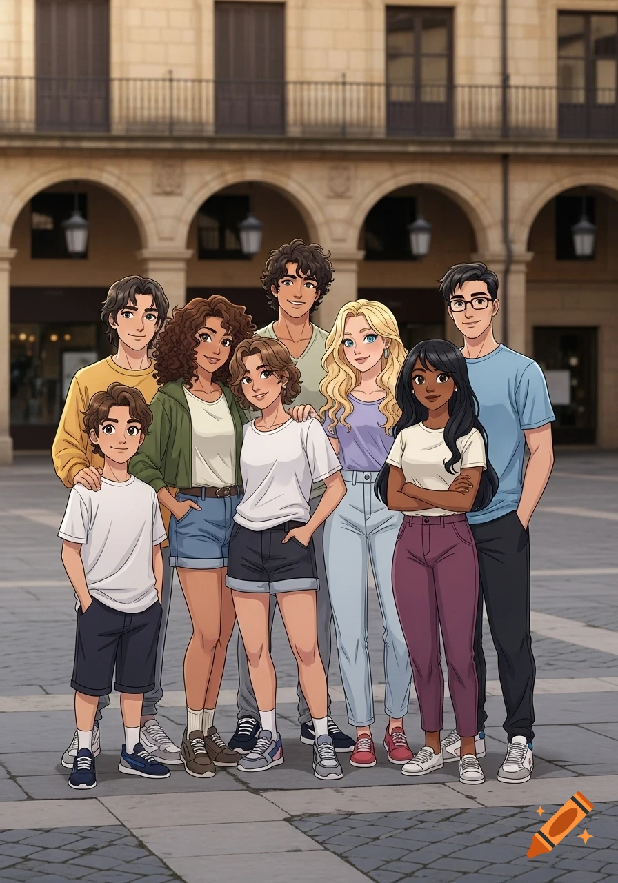 Seven smiling, diverse animated young adults and a child stand in a sunny city plaza with arched buildings.