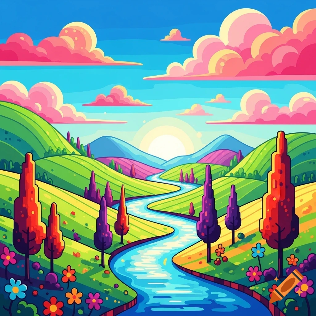 Vibrant pop art landscape with a winding river, rolling green hills, colorful trees, and pink clouds under a blue sky.