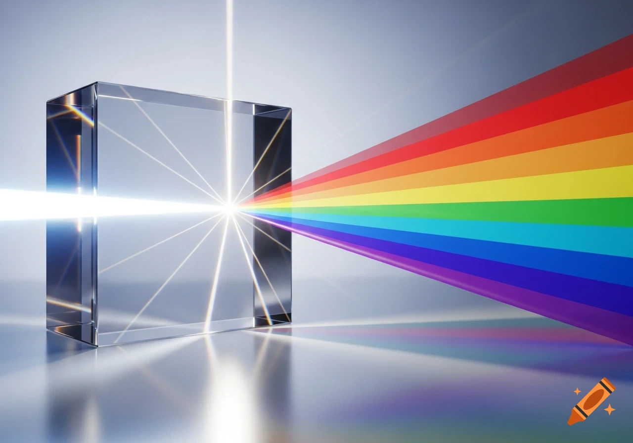 White light passes through a glass prism, refracting into a vibrant rainbow spectrum against a reflective surface.