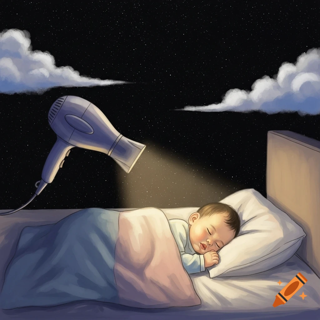 Illustrated sleeping baby in bed illuminated by a hairdryer, under a starry night sky with clouds.