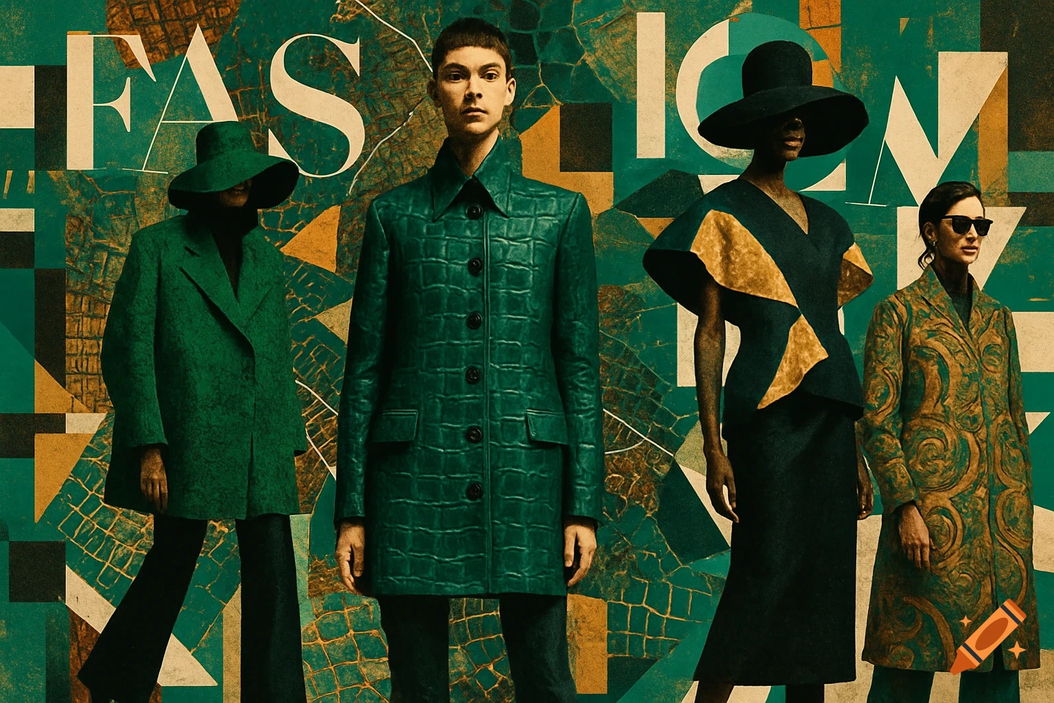Four models in stylish green and gold clothing stand against a mosaic background with geometric patterns and the word 'FASHION'.