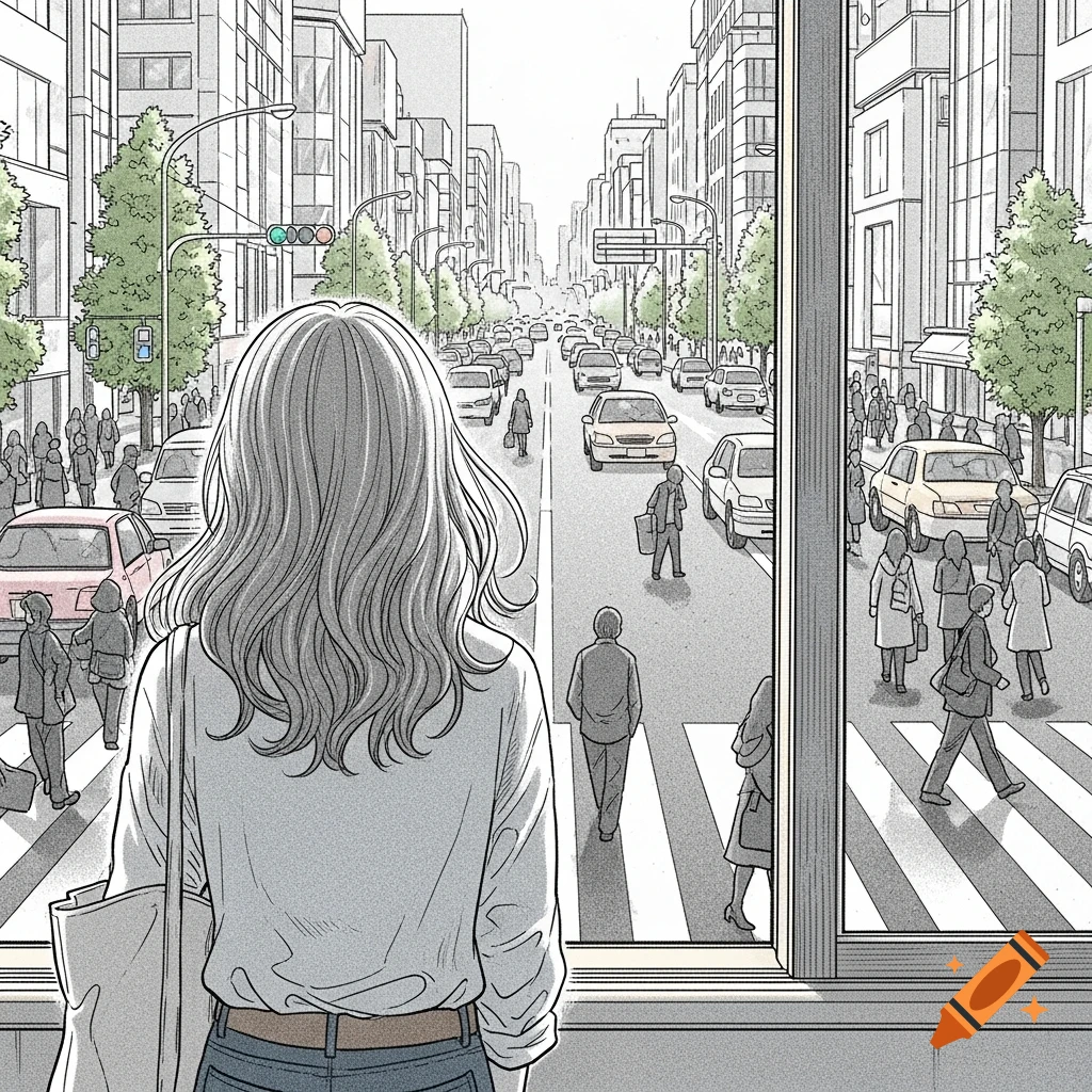 Manga-style illustration of a woman from behind, looking out a window at a busy city street with cars and pedestrians.
