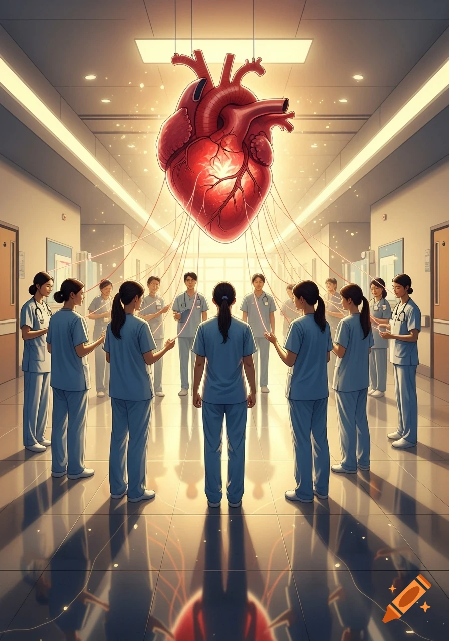Healthcare workers in a hospital hallway holding red threads connected to a glowing anatomical heart floating above them, stylized art.