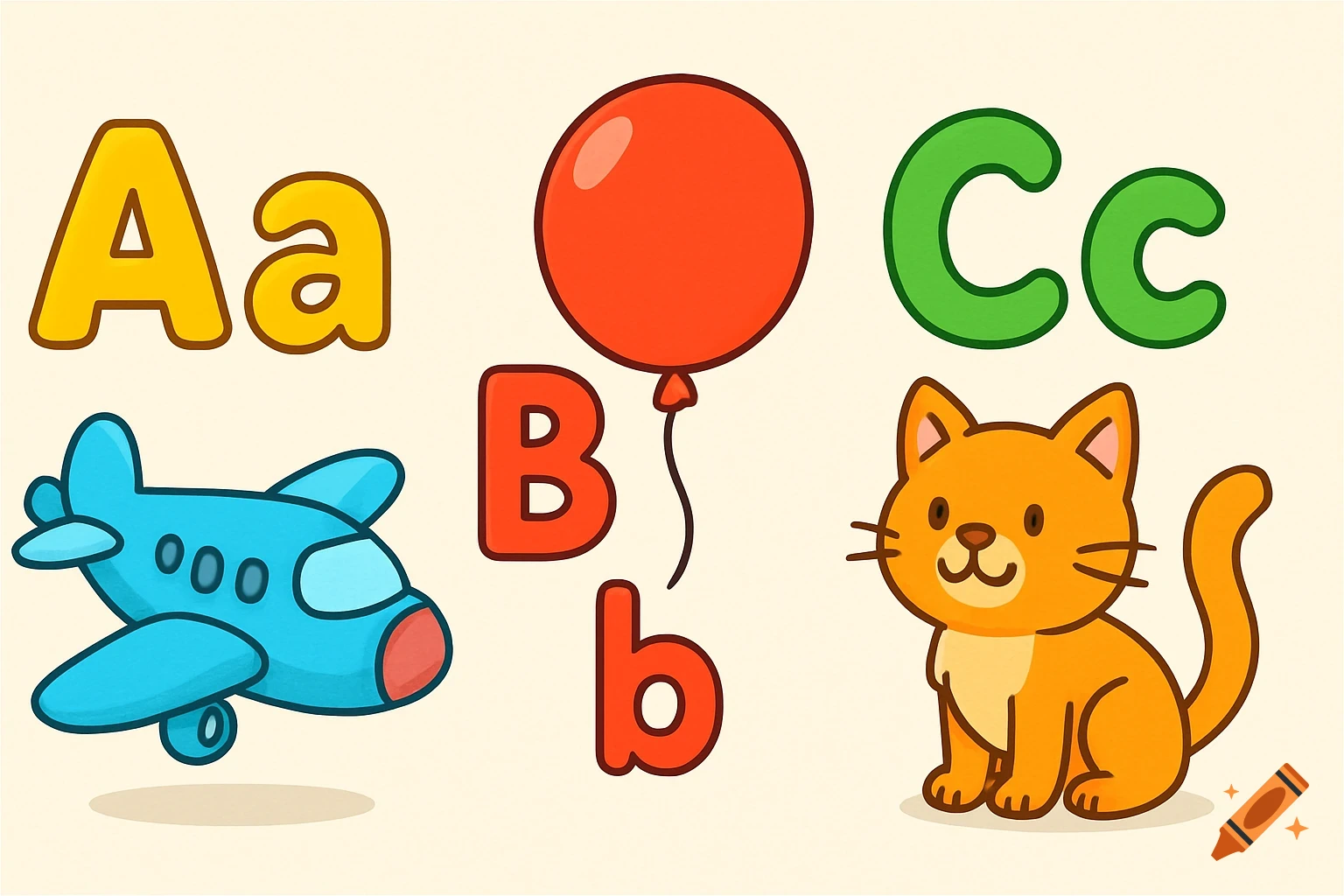 Cartoon alphabet letters Aa, Bb, Cc with an airplane, balloon, and cat on a light background.