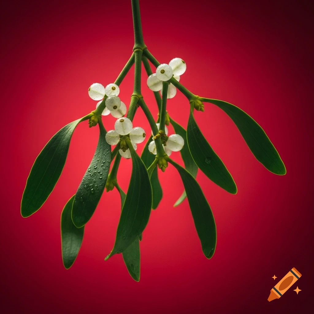 Close-up of mistletoe with white berries and green leaves against a vibrant red background.