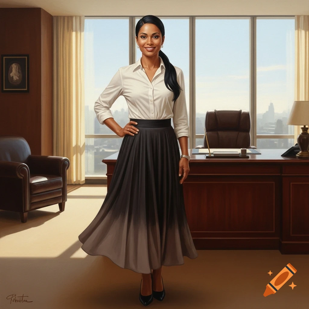 A smiling professional woman with dark hair in a white shirt and black-to-grey pleated skirt stands in a modern office with city views.