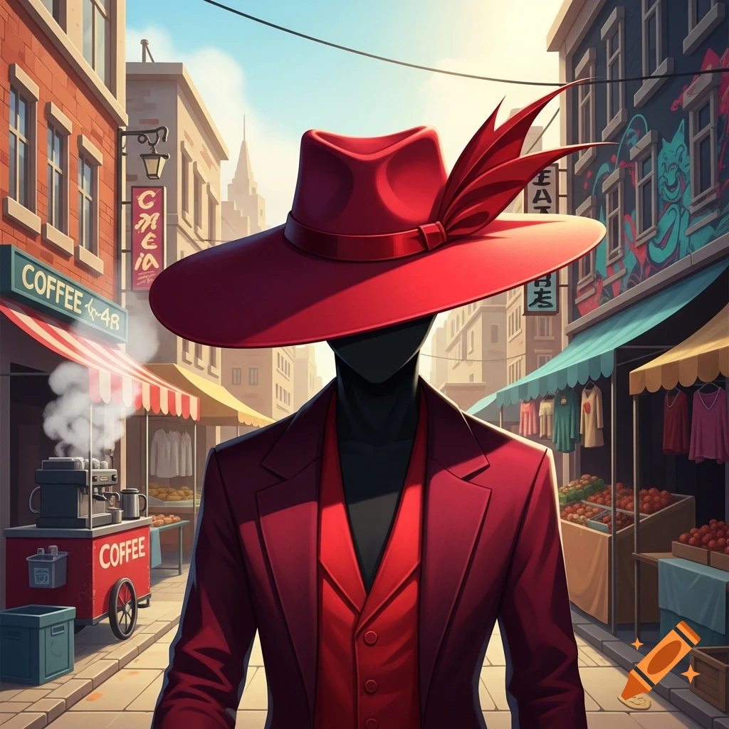 A stylized character with a black, featureless face, wearing a red wide-brimmed hat with a feather and a red suit, stands in a bustling street market. Shops and buildings line the street with a coffee cart to the left.