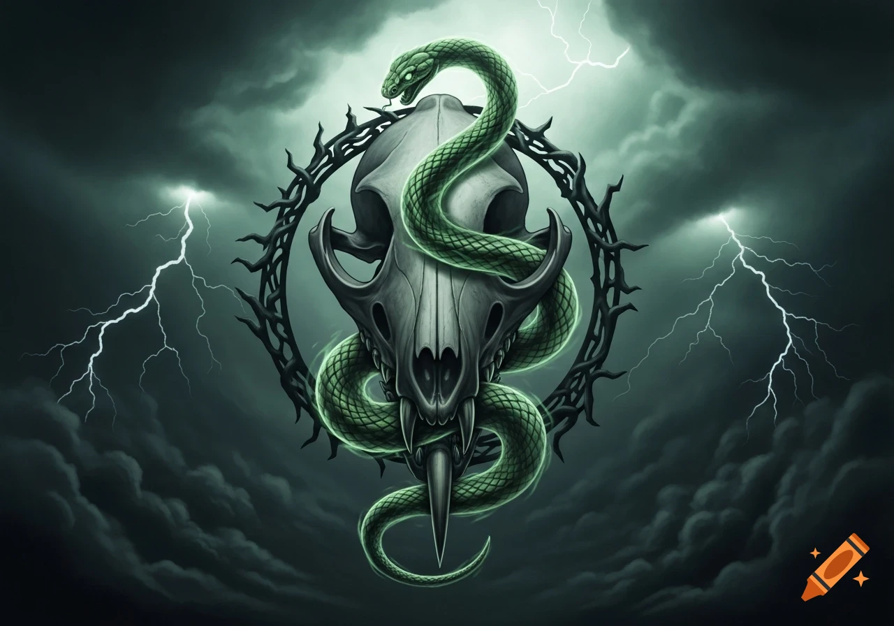 Stylized rat skull entwined by a glowing green snake within a thorny wreath against a stormy, lightning sky.