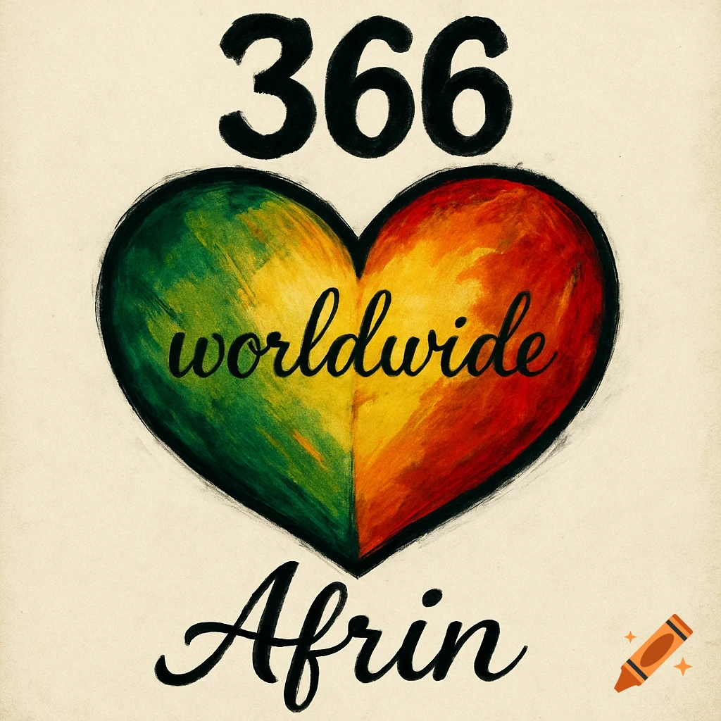 A hand-drawn heart split into green, yellow, and red, with '366' above, 'worldwide' inside, and 'Afrin' below.