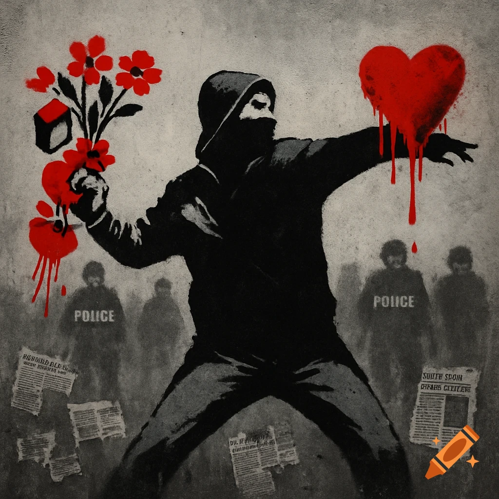 Banksy-style stencil art depicts a hooded figure throwing red flowers/a bleeding heart, with blurry police and torn newspaper clippings on a gray wall.