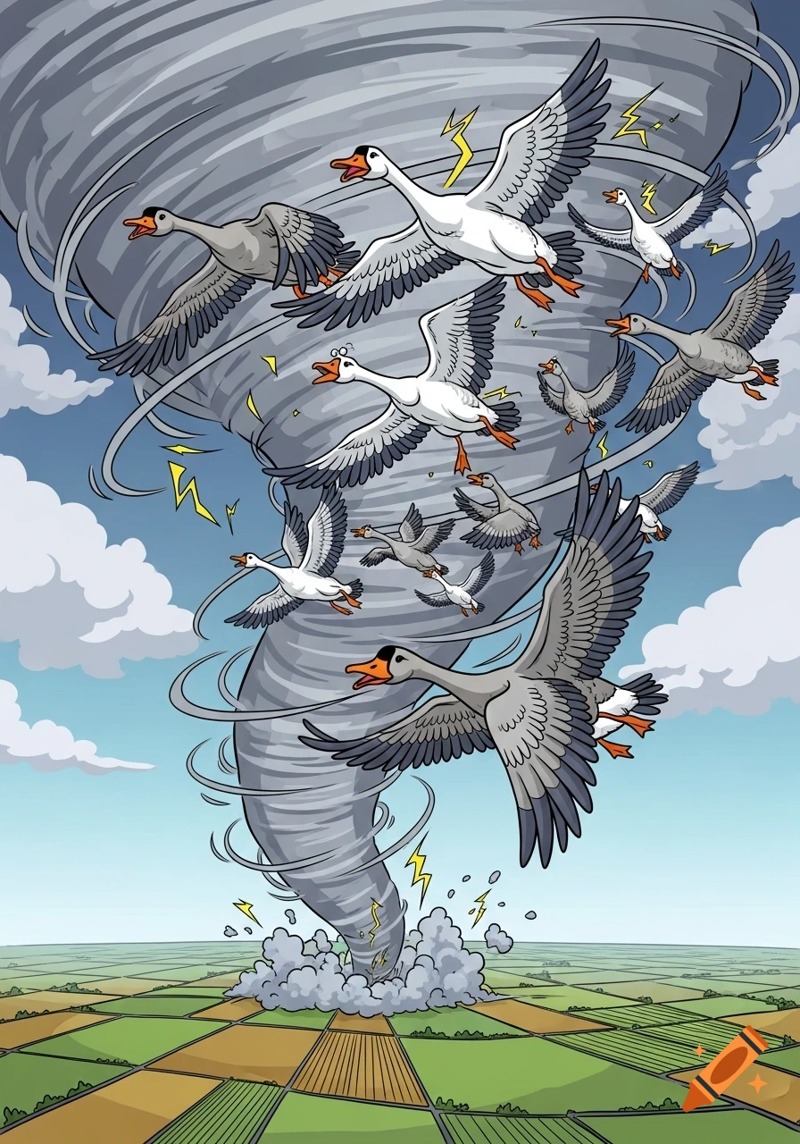 Cartoon vector illustration of numerous geese flying around a tornado over farm fields, with some lightning flashes.