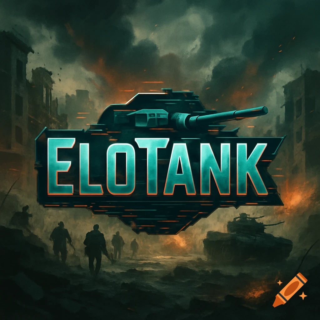 Gaming logo for EloTank featuring a futuristic tank design in neon teal and orange, set against a dark, fiery, destroyed city battlefield with silhouetted soldiers and a tank.