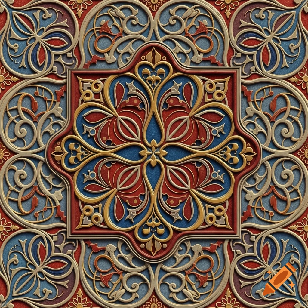 An intricate, colorful decorative tile with a central quatrefoil design surrounded by elaborate floral and foliate scrolls in red, blue, gold, and grey, appearing embossed.
