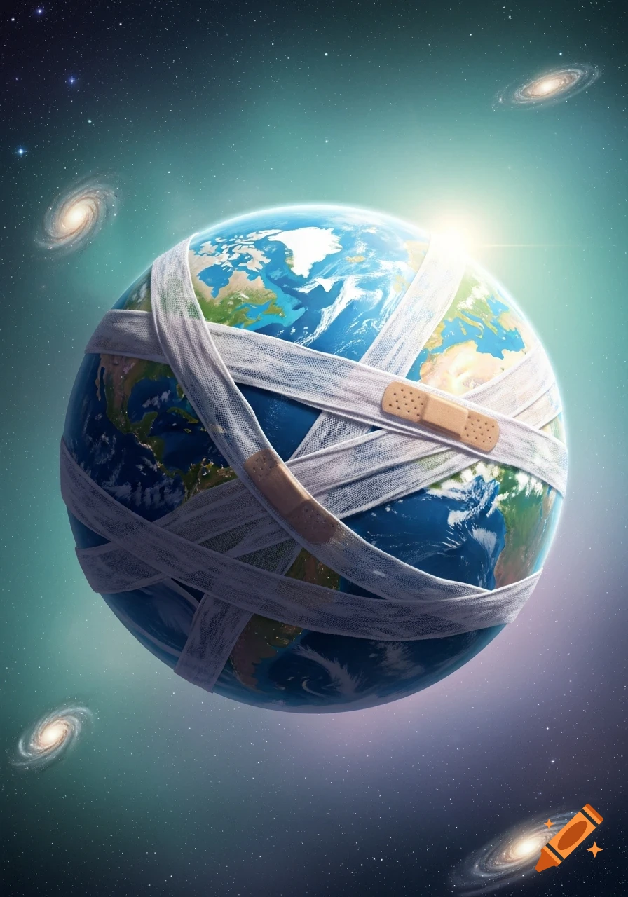 Earth wrapped in white bandages and band-aids, floating in dark space with visible galaxies and stars.