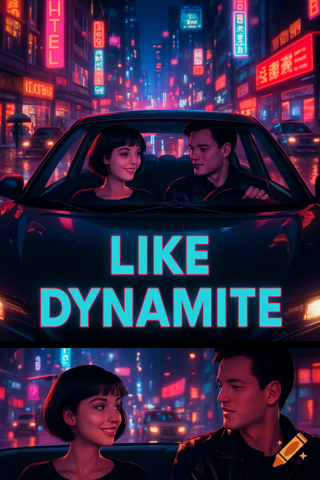 A couple in a car at night, driving through a neon-lit city street. The words "LIKE DYNAMITE" are prominently displayed on the windshield.