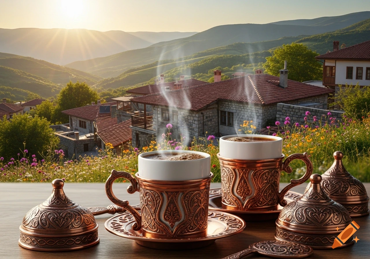 A scenic view of steaming coffee in ornate copper cups on a table, overlooking houses and green mountains with wildflowers at sunrise.