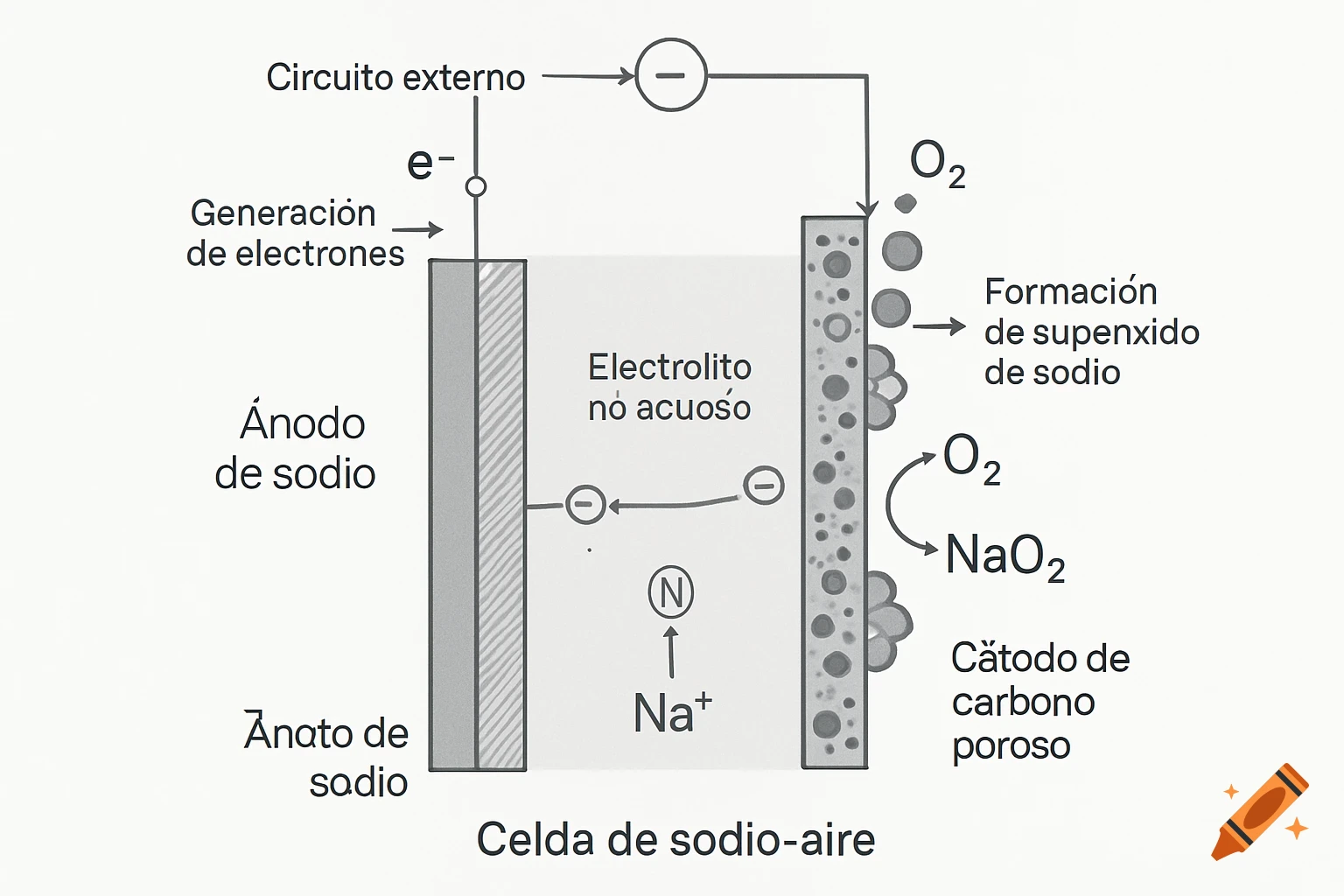A black and white schematic diagram illustrating a sodium-air cell, showing the flow of electrons, ions, and oxygen between the sodium anode and porous carbon cathode.