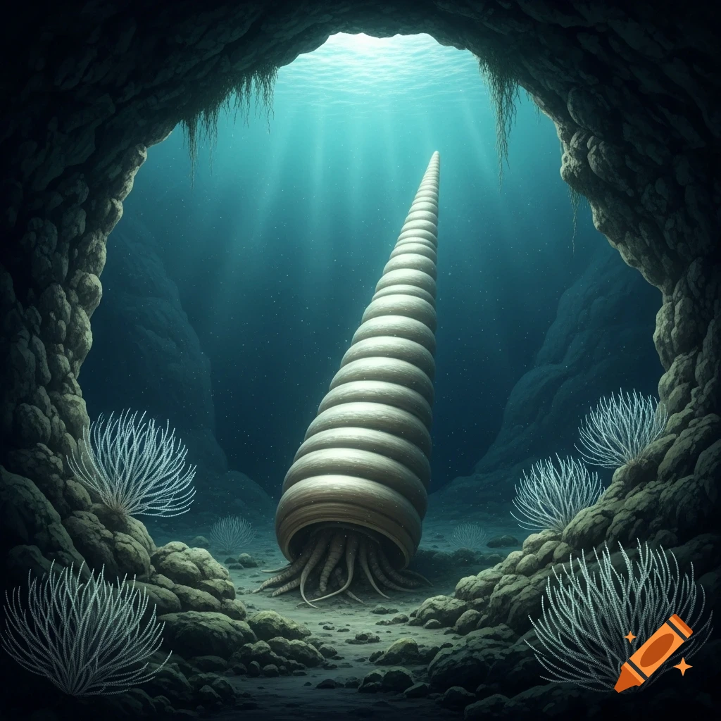 A giant Orthoceras with tentacles sits on the seabed inside an underwater cave, surrounded by white crinoids, with light rays from above.