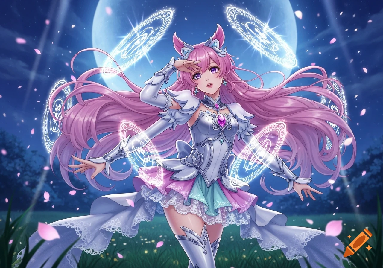 Anime magical girl with long pink hair and purple eyes in a white and pink dress, surrounded by glowing magical circles under a full moon with falling petals.
