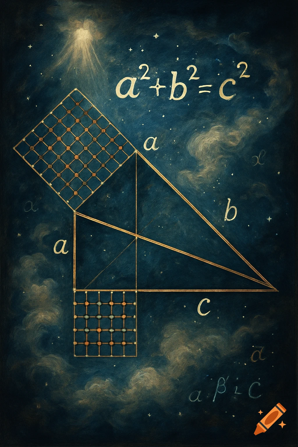 An artistic illustration of the Pythagorean theorem with a right triangle, squares on its sides, and the formula a^2+b^2=c^2 on a starry, dark blue background.