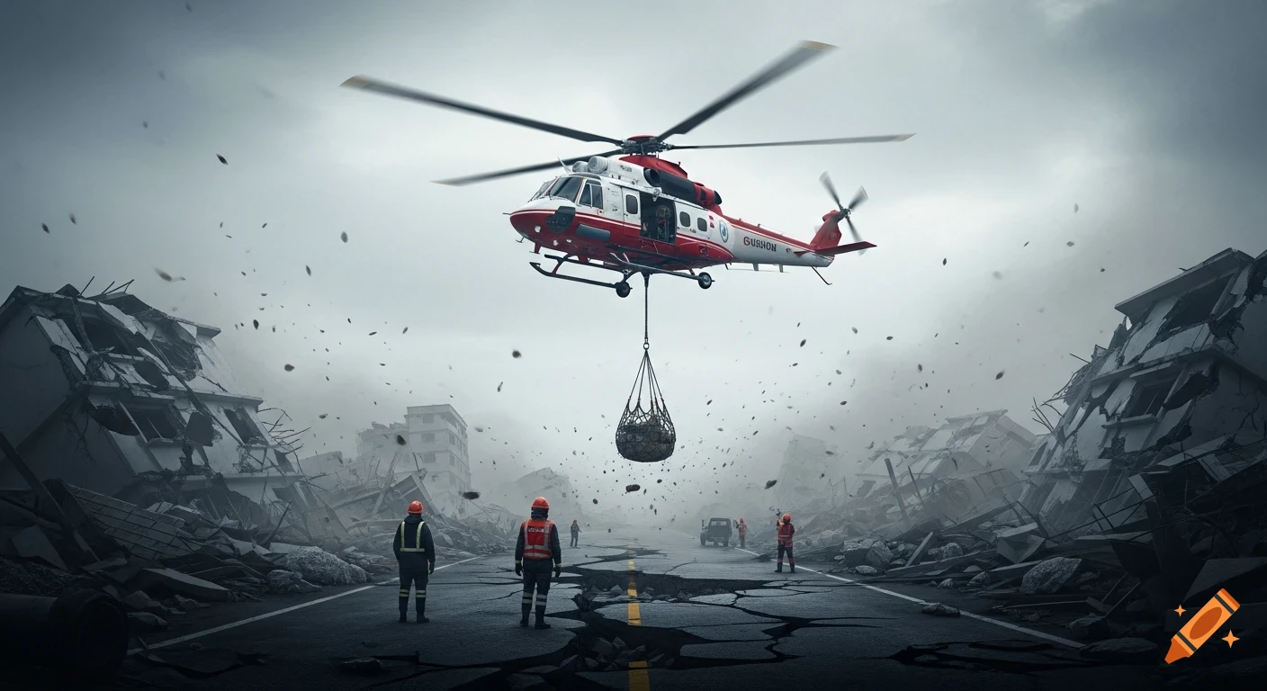 A red and white helicopter hovers over a devastated, dusty city street, lowering a netted cargo. Rescue workers in orange vests stand amidst rubble and cracked asphalt from an earthquake.