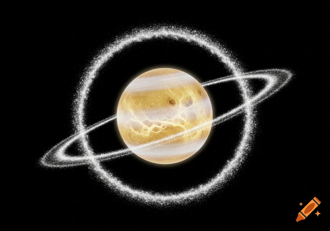 A glowing, gold and white striped planet, reminiscent of Venus, with a sparkling white dust ring against a dark, star-filled space background.