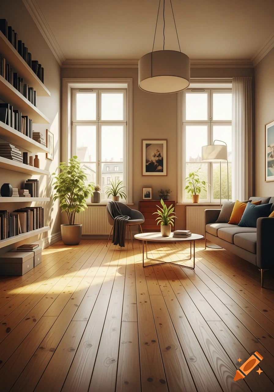 A bright and modern living room with light wooden floors, bookshelves, a grey sofa, an armchair, and several potted plants.