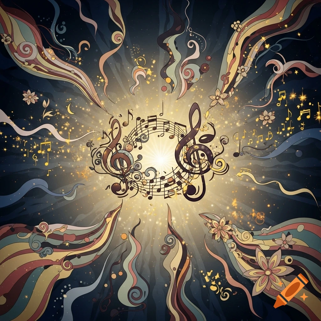 An abstract, decorative illustration of swirling musical notes, clefs, and staff lines radiating from a bright central light source, surrounded by flowing, colorful tendrils and sparkling dust against a dark blue background in an art nouveau style.