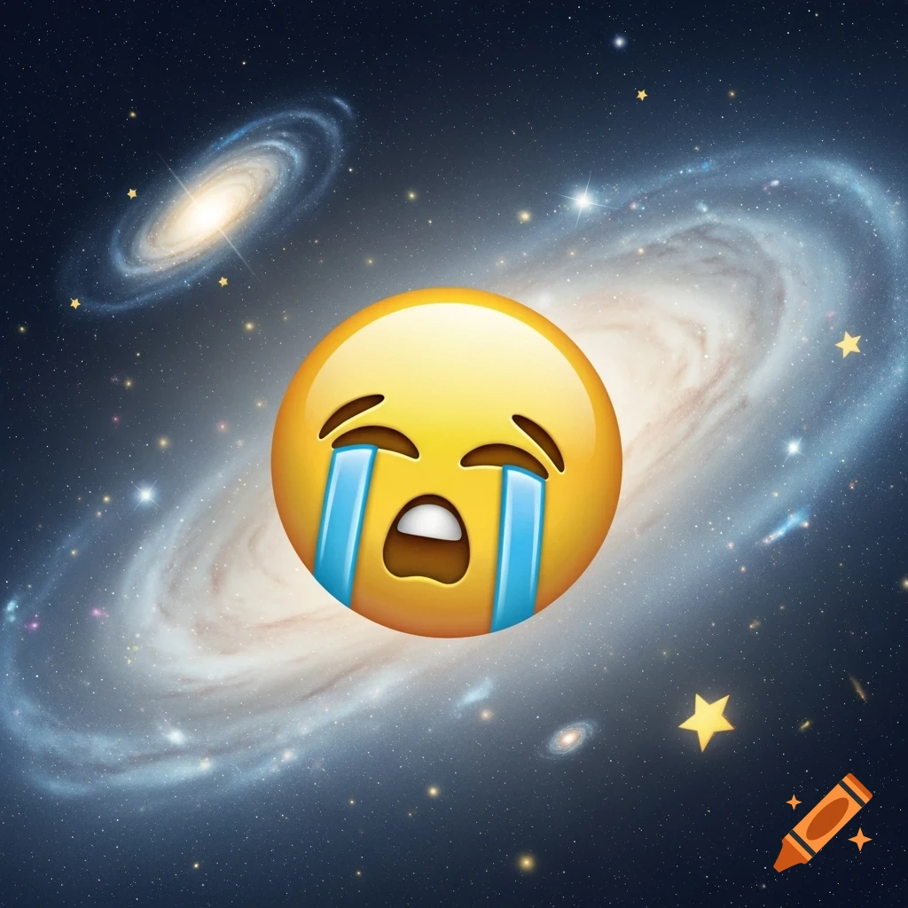 A large yellow crying emoji with blue tears and an open mouth floats against a backdrop of a starry galaxy with two spiral galaxies.