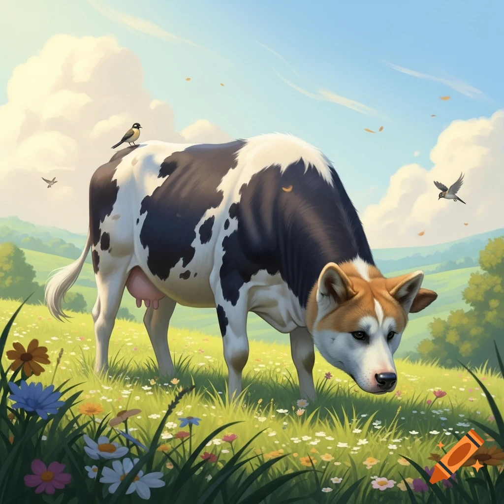 A creature with a black and white spotted cow body and an Akita dog head grazes in a vibrant, flower-filled meadow under a blue sky.