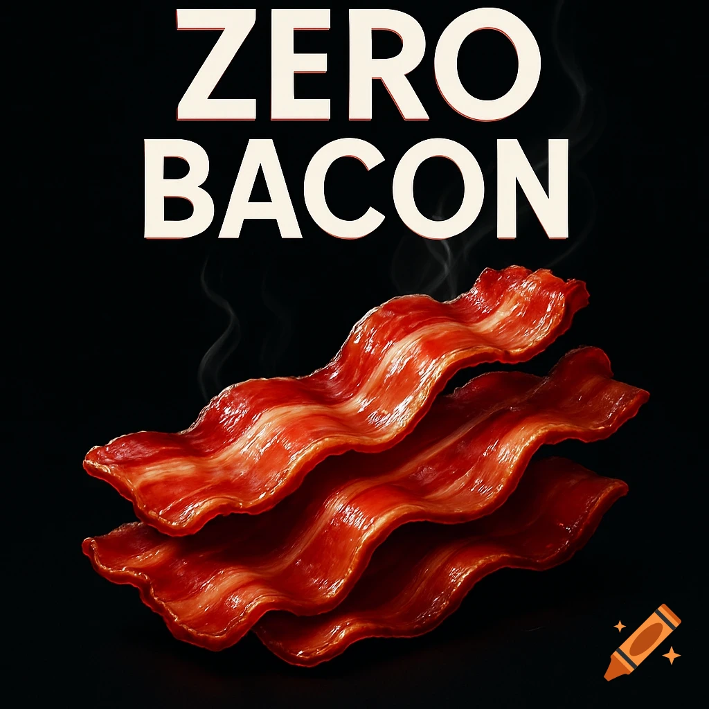 Three crispy bacon strips with steam on a black background, beneath the text 'ZERO BACON', in an advertising style.
