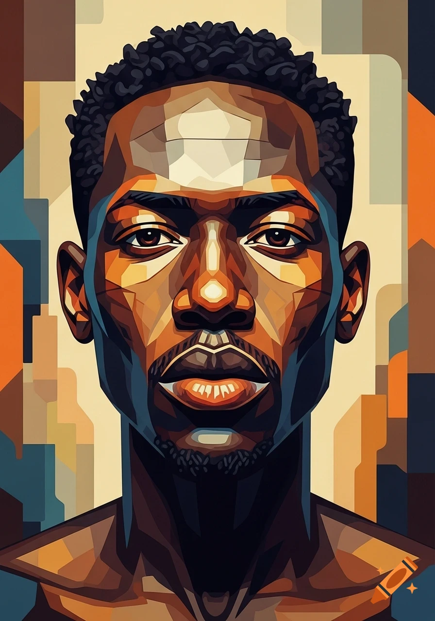 Cubist portrait of an African man with geometric facial features, rendered in warm brown, orange, and blue tones.