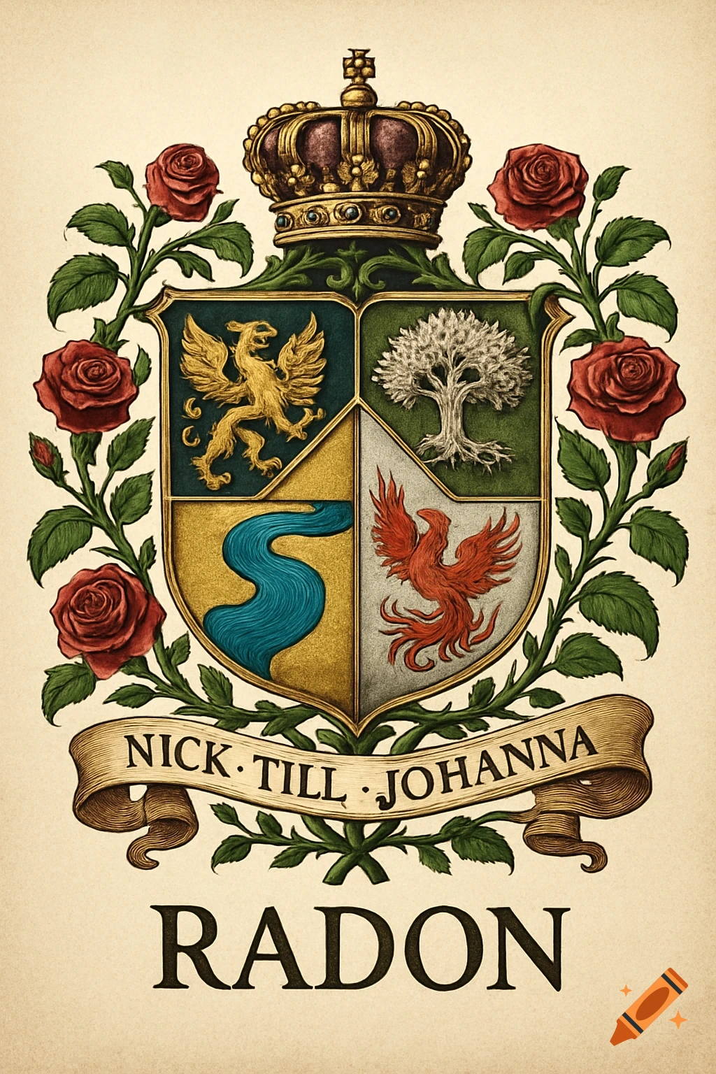 A detailed family coat of arms featuring a gold crown, a shield with a griffin, tree, river, and phoenix, surrounded by red roses. Text reads 'NICK TILL JOHANNA' and 'RADON'.