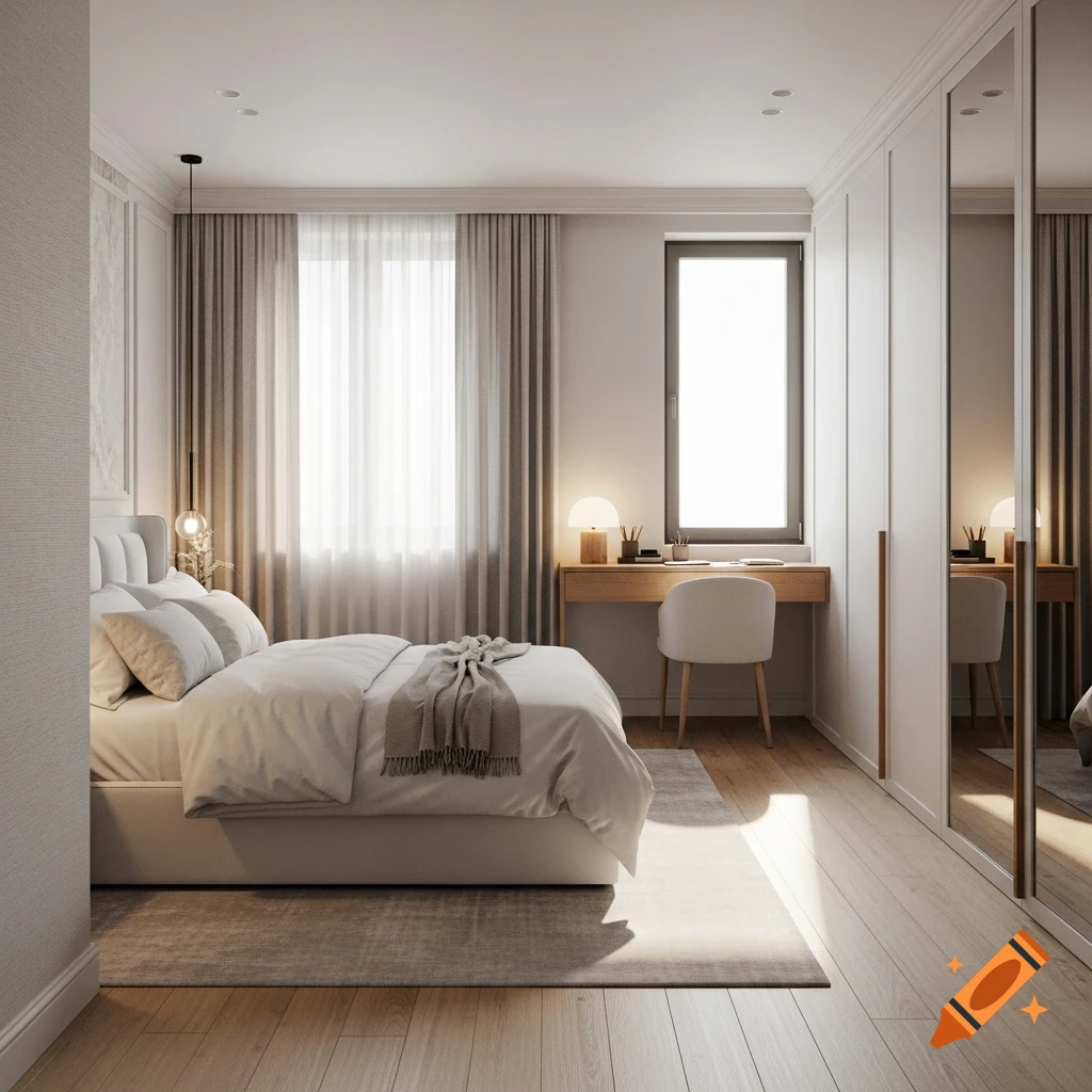 A bright, modern bedroom with a white bed, a wooden desk by a window, and a mirrored closet.