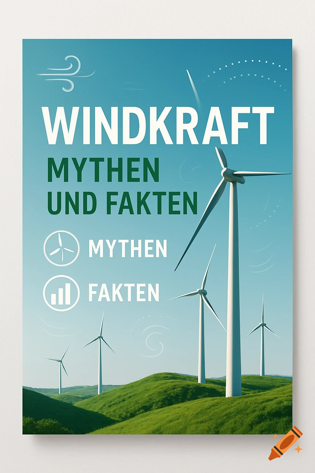 A bright green and blue flyer titled 'WINDKRAFT MYTHEN UND FAKTEN' (Wind Power Myths and Facts), featuring wind turbines on rolling green hills.