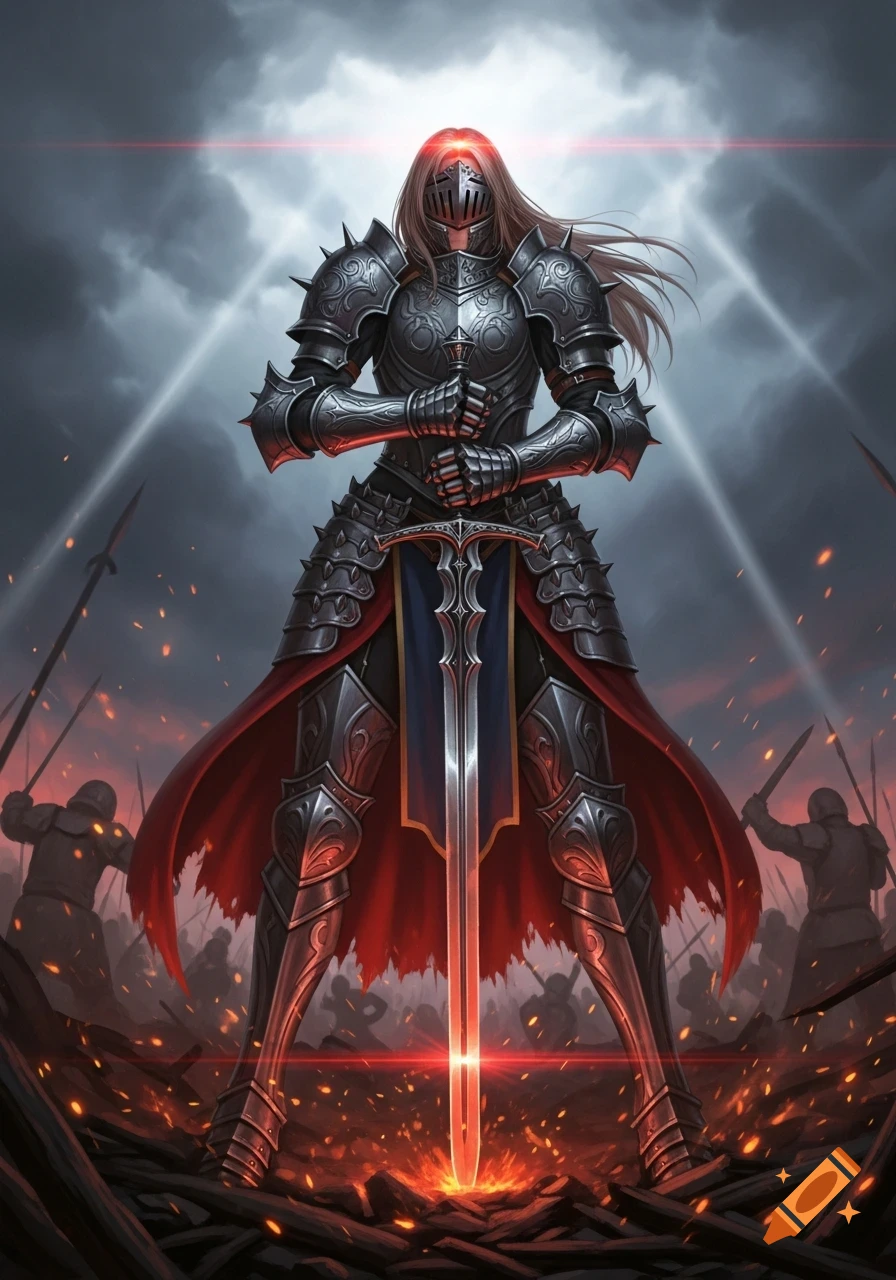 Anime female knight in dark ornate armor stands heroically, holding a glowing sword point down in a fiery battleground.