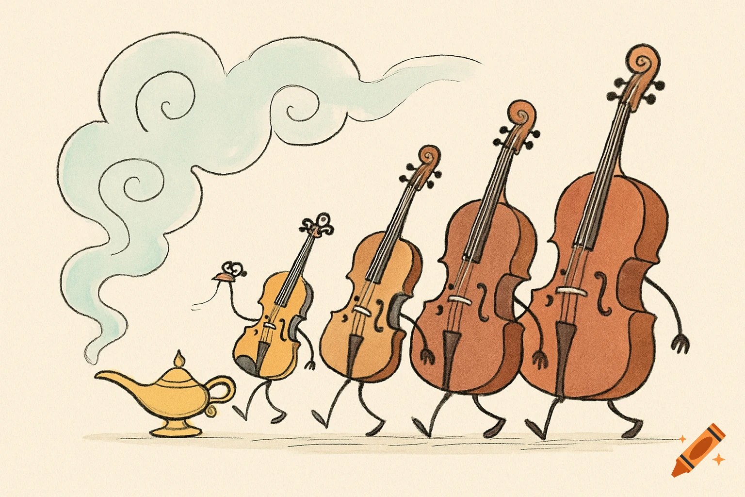 A hand-drawn cartoon shows a golden genie lamp emitting smoke, from which a violin, viola, cello, and double bass march in line, each with small eyes.