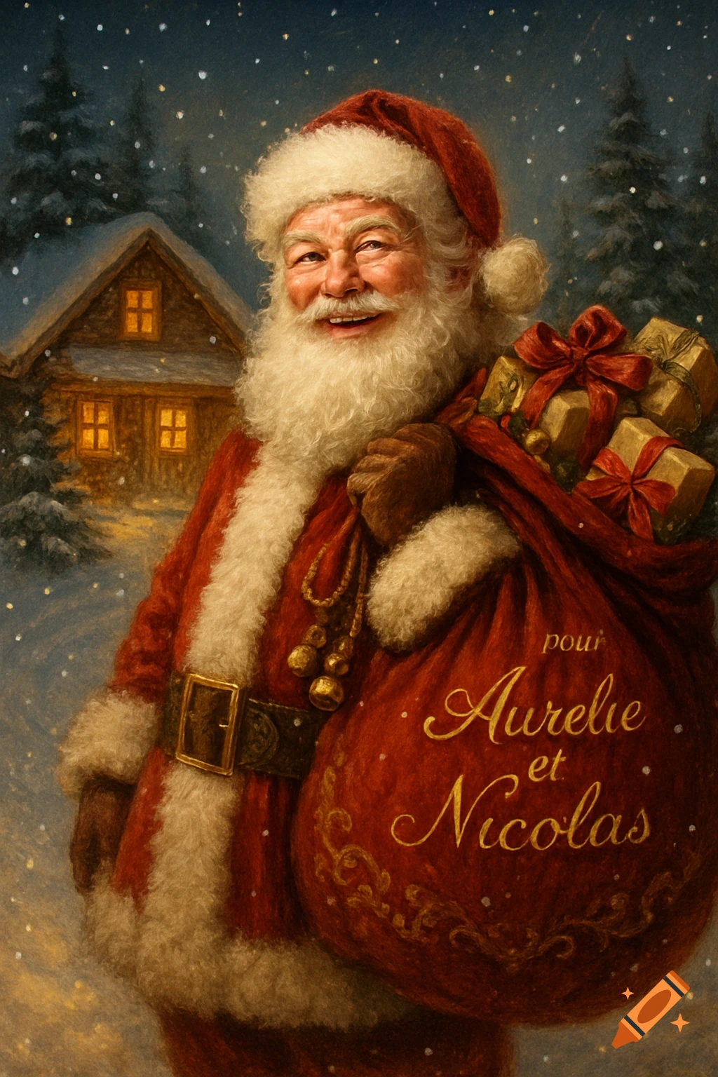 A jovial Santa Claus with a white beard, wearing a red suit, stands in a snowy forest scene with a cabin, carrying a red sack filled with gifts that says "pour Aurelie et Nicolas" in gold script.