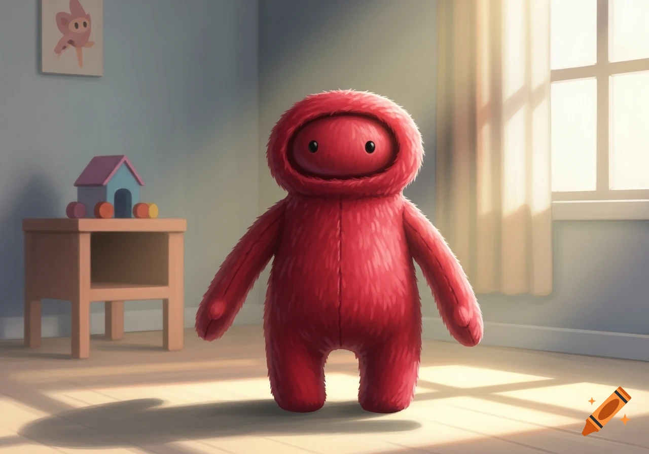 A cute red fuzzy plush toy with small black eyes stands in a softly lit child's room with a window and wooden toy.