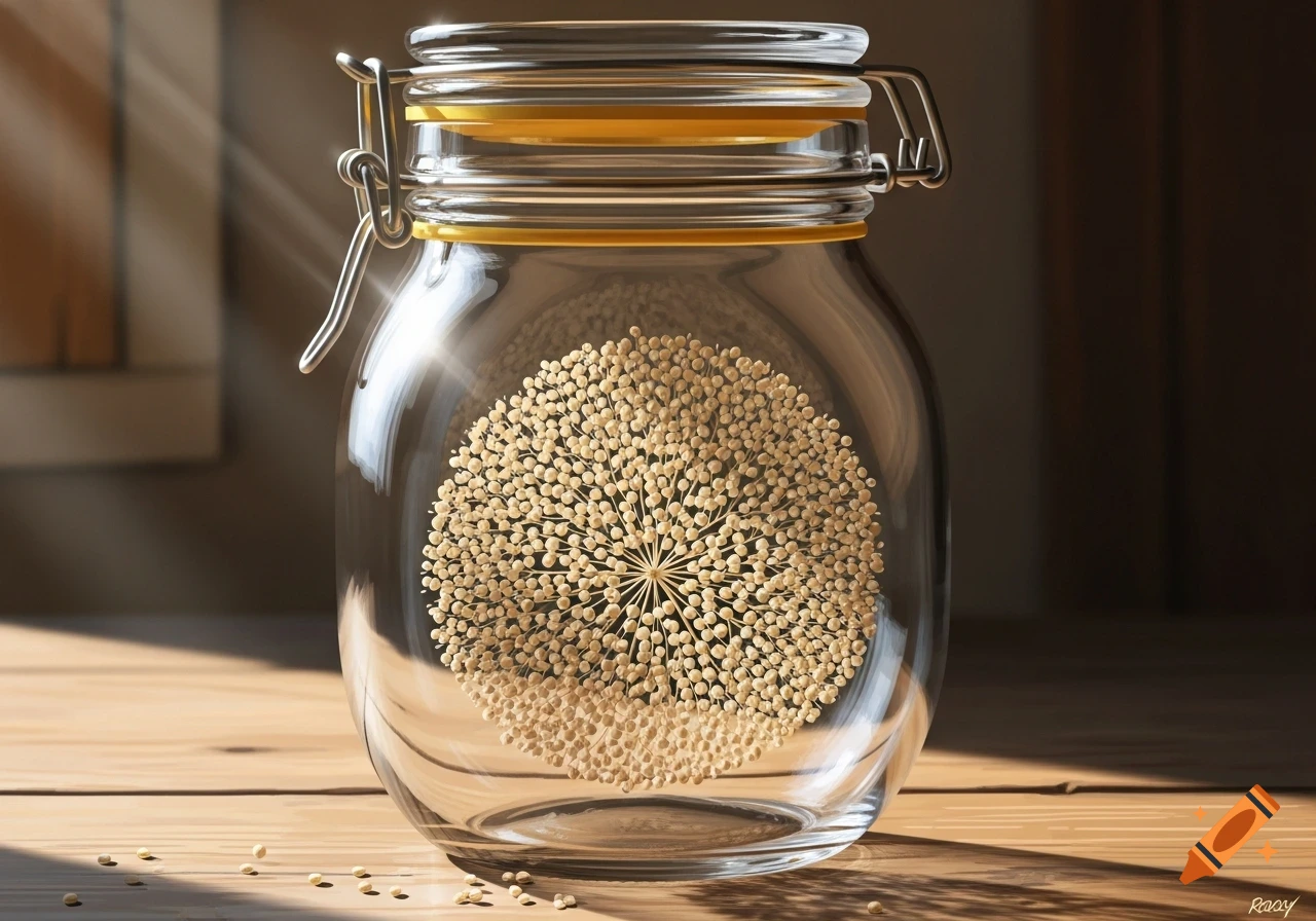 A clear glass jar with a yellow rubber seal and metal latch lid, holding a spherical pattern of light brown seeds, sits on a wooden table in sunlight.