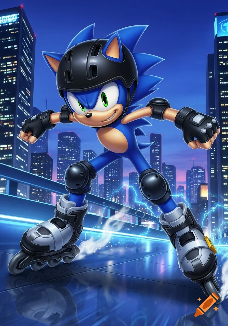 Sonic the Hedgehog rollerblading in a helmet and pads through a futuristic city at night, with electric effects and reflections.