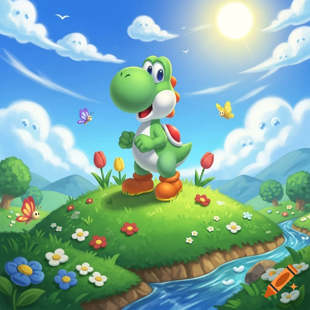 Yoshi on a grassy hill with flowers and a stream, under a sunny blue sky with cartoon clouds and butterflies, in a vibrant video game style.