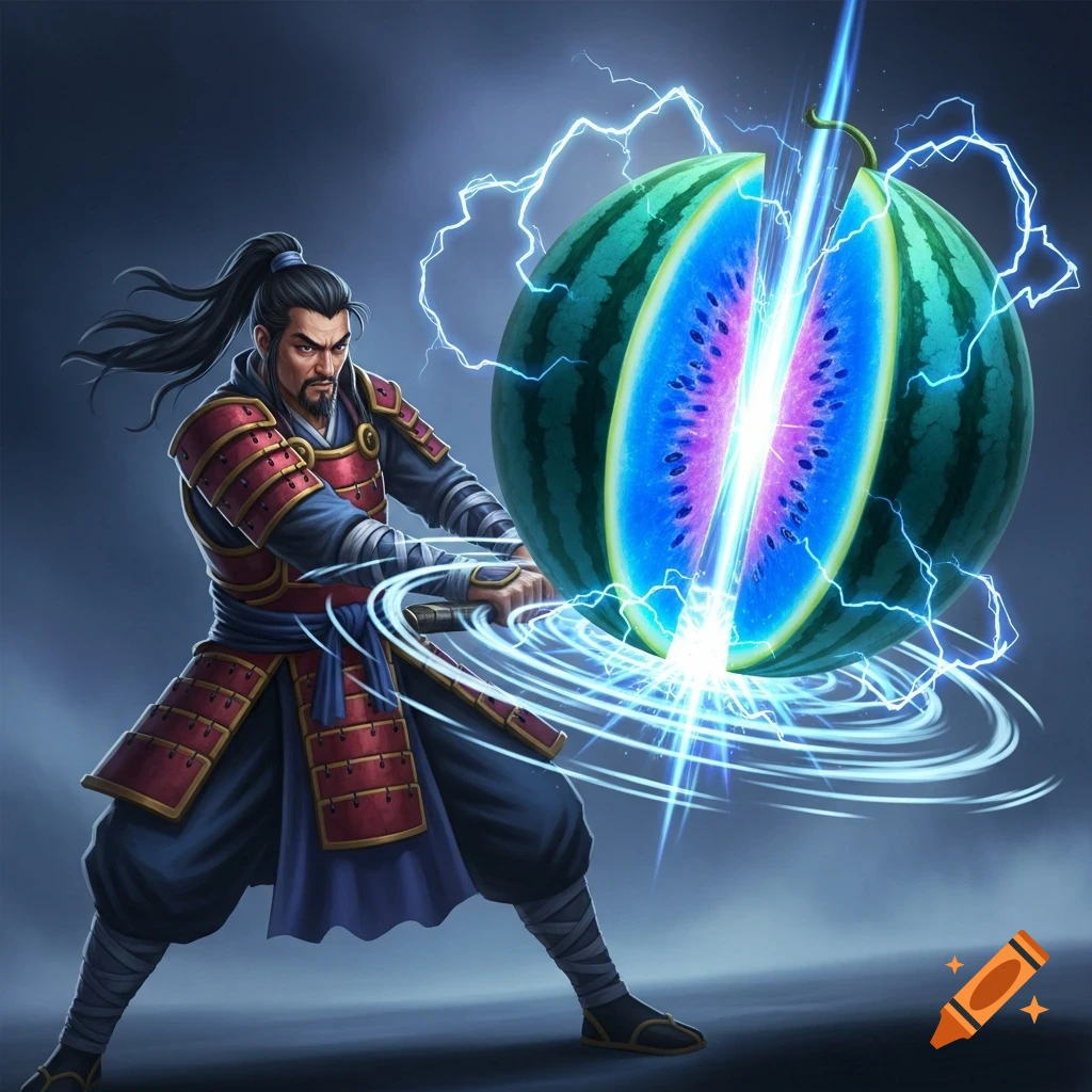 A fantasy illustration of a samurai-like warrior cutting a glowing blue and purple watermelon with a sword amidst lightning.