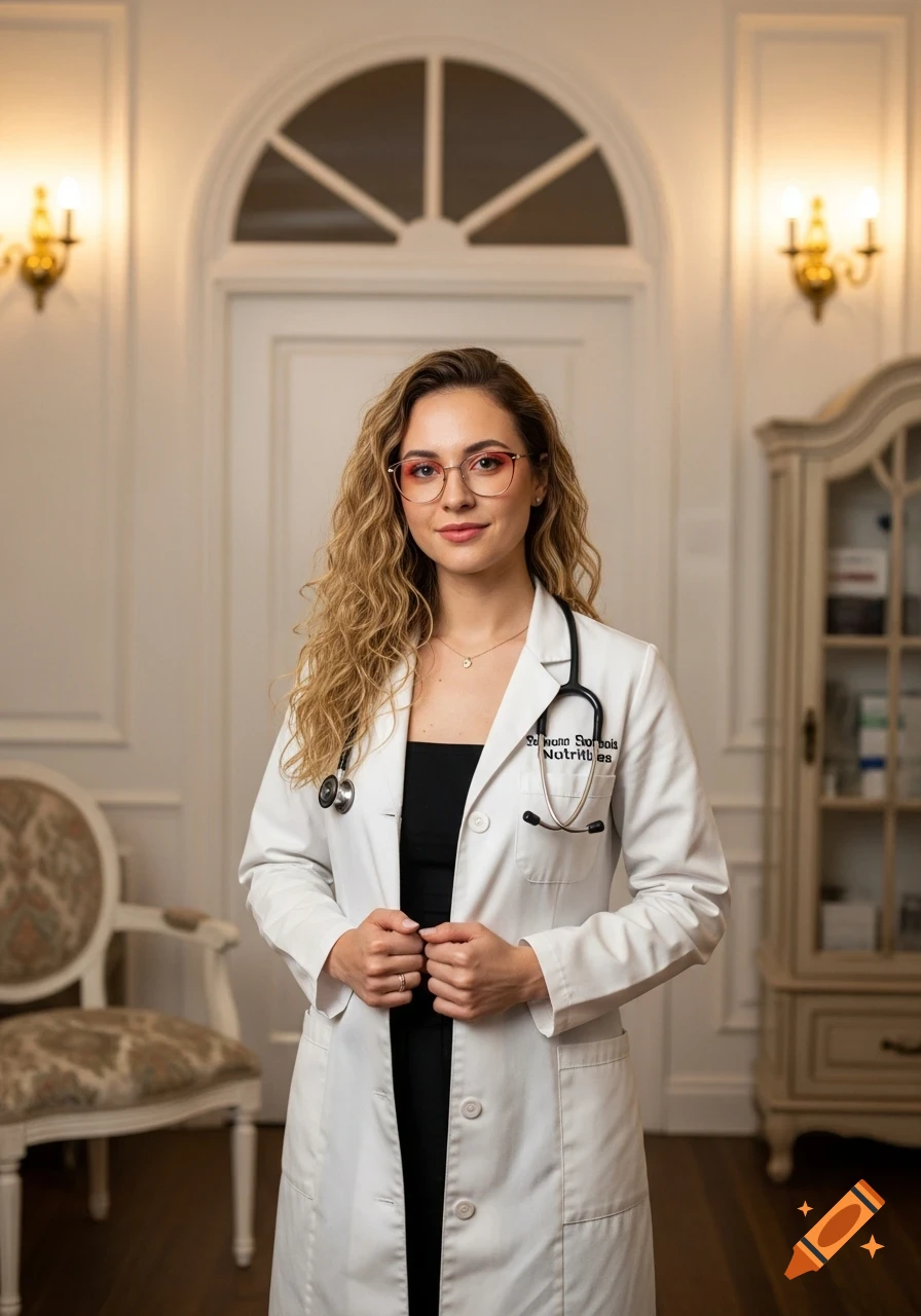 Photorealistic portrait of a female nutritionist in a white lab coat and glasses, standing in a classical room.